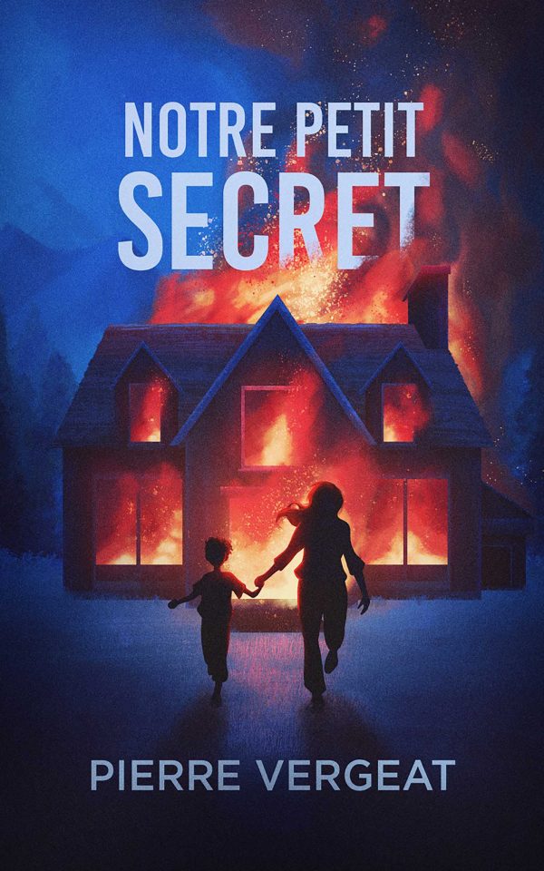 La couverture du livre "Notre Petit Secret" représente une maison en flammes la nuit, avec au premier plan la silhouette d'une femme et d'un enfant qui courent main dans la main.