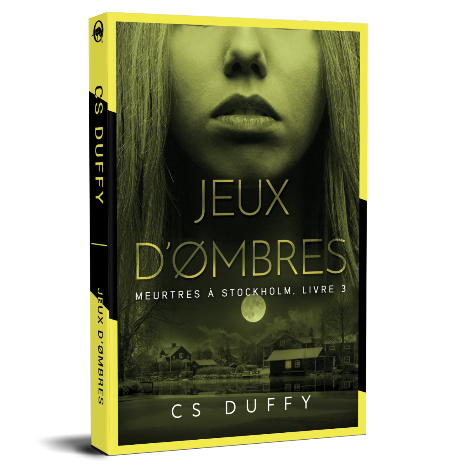 Une couverture de livre en 3D pour Jeux d'ømbres de CS Duffy, idéale pour les fans de romans policiers. Elle présente le bas du visage d'une femme au-dessus d'un paysage brumeux avec des maisons et des arbres, ainsi qu'un texte en français gras dans des couleurs jaune et noir frappantes.
