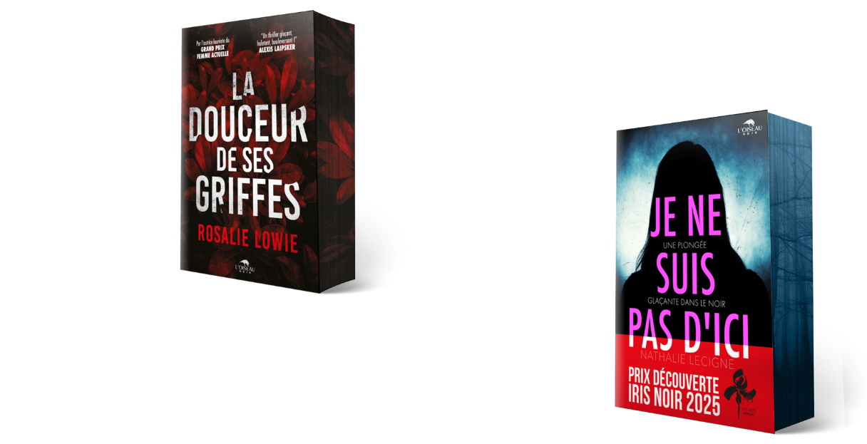 Deux romans français présentés sur fond blanc : La Douceur de ses Griffes de Rosalie Lowie avec une couverture rouge et noire, et Je ne suis pas d'ici de Nathalie Le Gendre avec une couverture bleue et une silhouette en ombre chinoise.