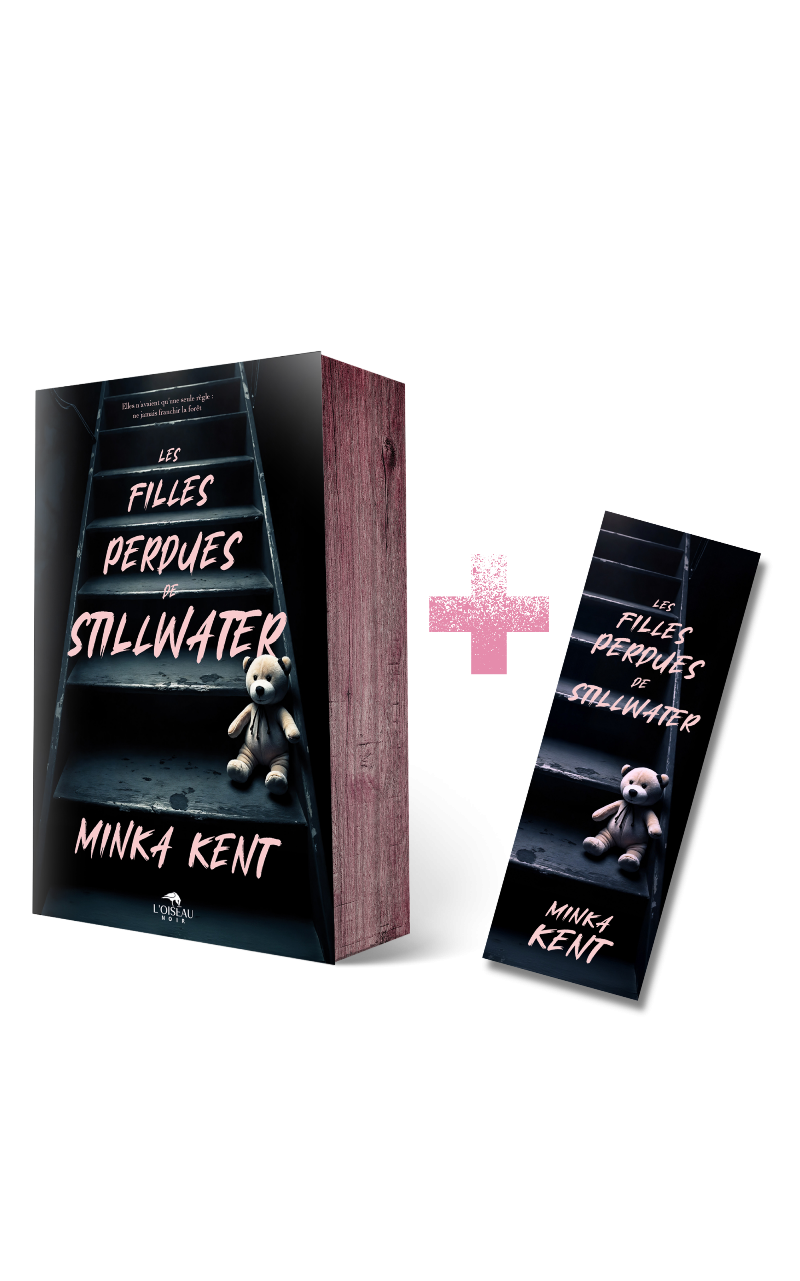 Précommande - Les Filles perdues de Stillwater : ce livre français et son marque-page assorti présentent un escalier et un ours en peluche sur la couverture, le tout dans une ambiance sombre et mystérieuse.