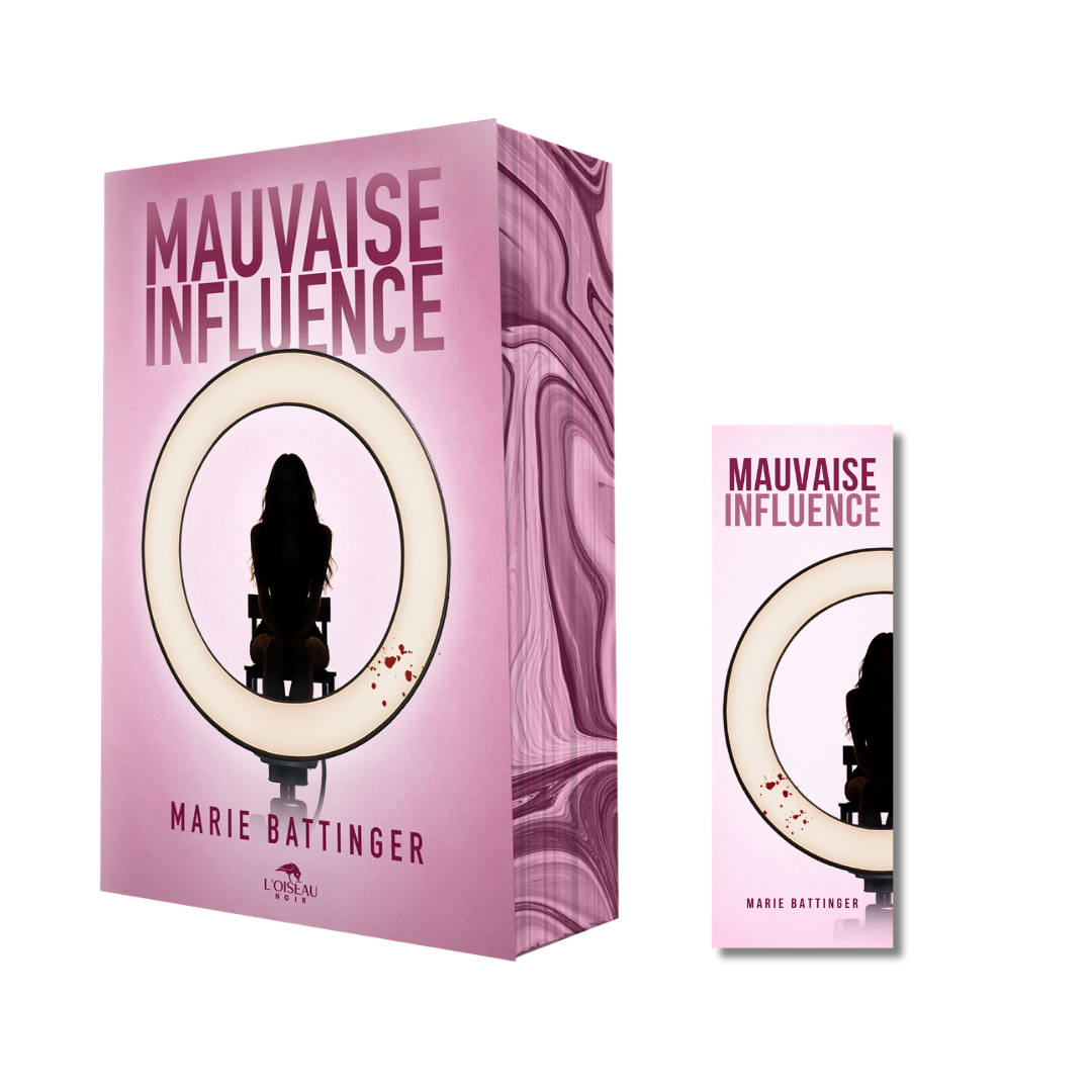 Précommande - Mauvaise Influence : un livre et un marque-page roses représentant une silhouette assise sous un anneau lumineux sur un fond marbré rose, par Marie Battinger.